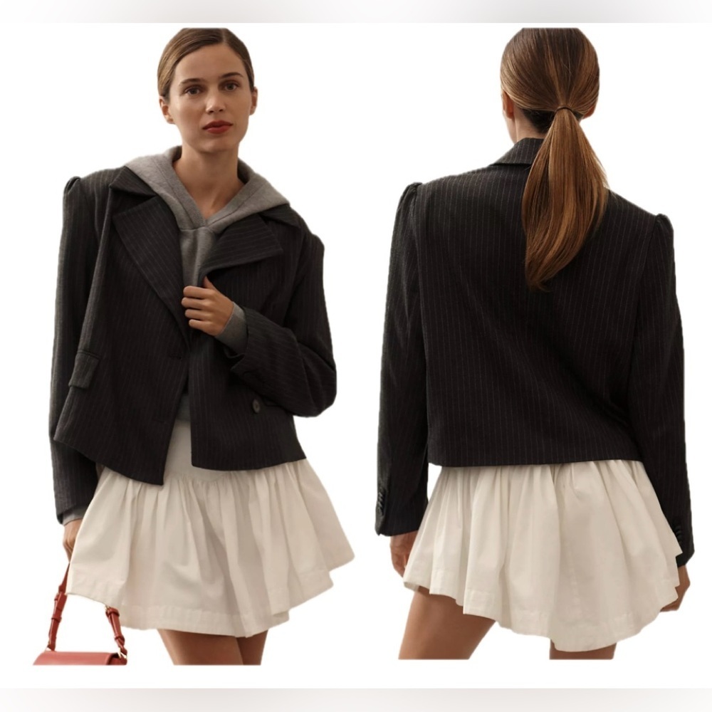Anthropologie Maeve 80s Boxy Blazer Jacket in grey micro pinstripe Sz L NWOT